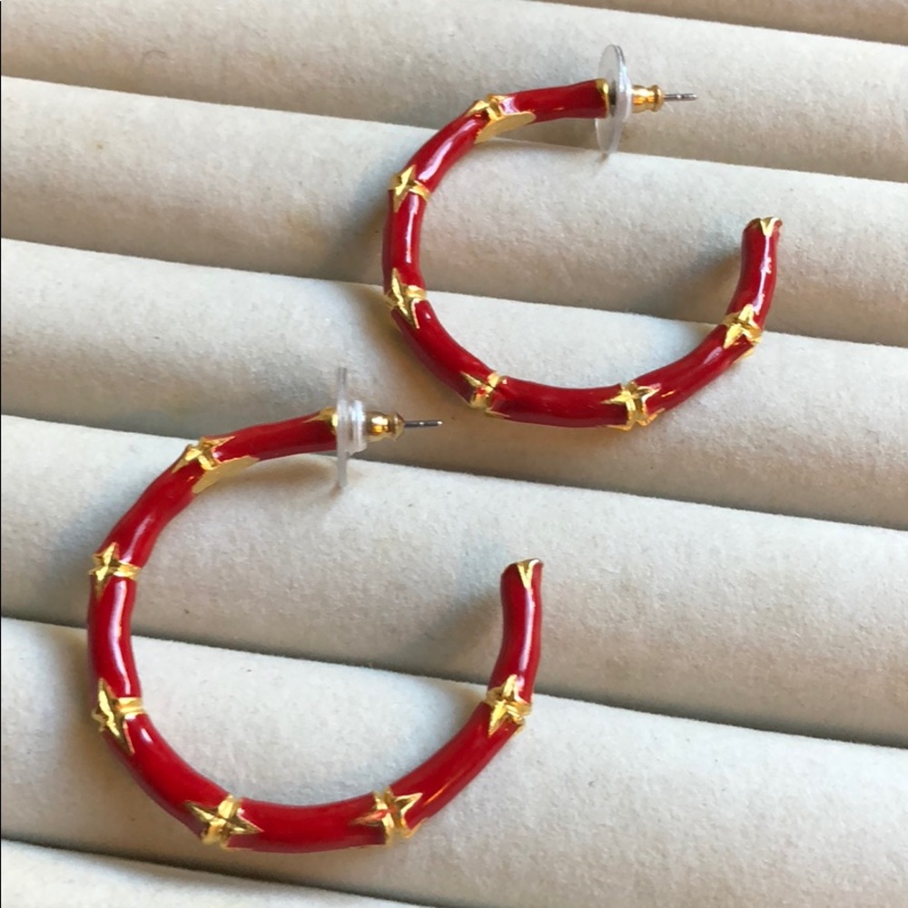 Kenneth Jay Lane red bamboo hoop earrings